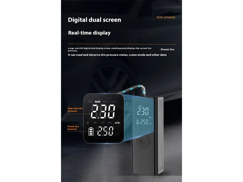 Close-up of the digital display screen on the tire inflator showing real-time and preset pressure readings.