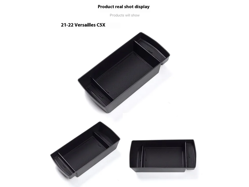 Multiple views of the black plastic car armrest storage box