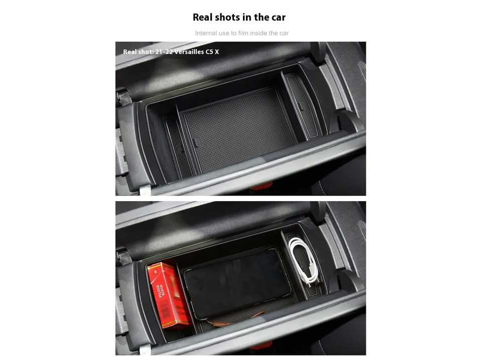 Armrest storage box installed in a car console, empty and filled with items