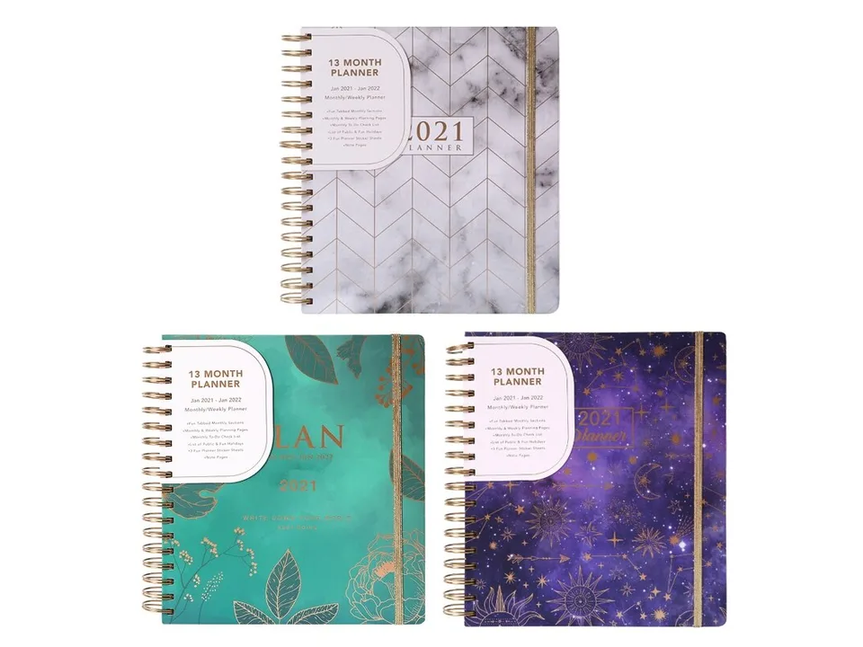 Three different 13-month planner designs with marble, floral, and celestial covers.
