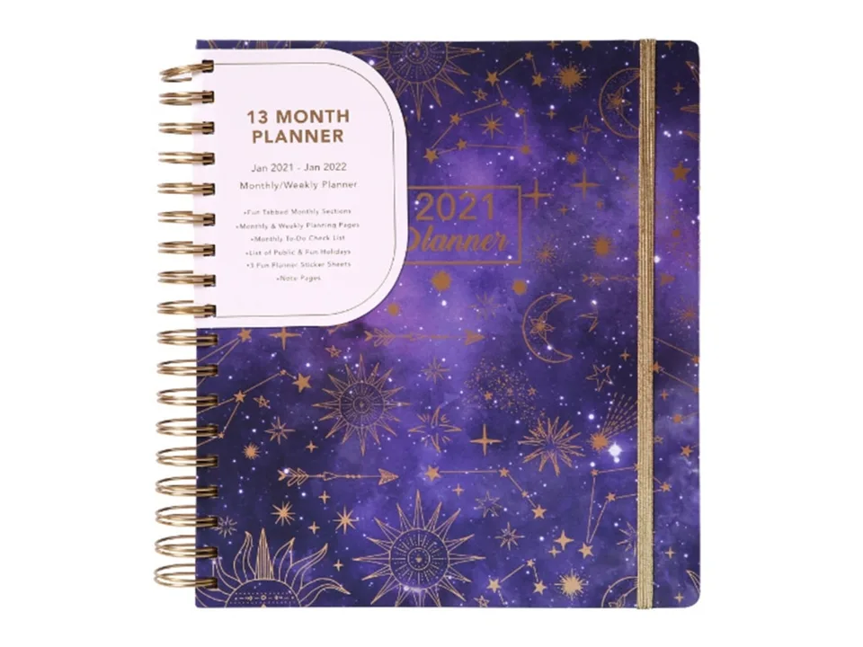 Close-up of the celestial-themed 13-month planner cover.