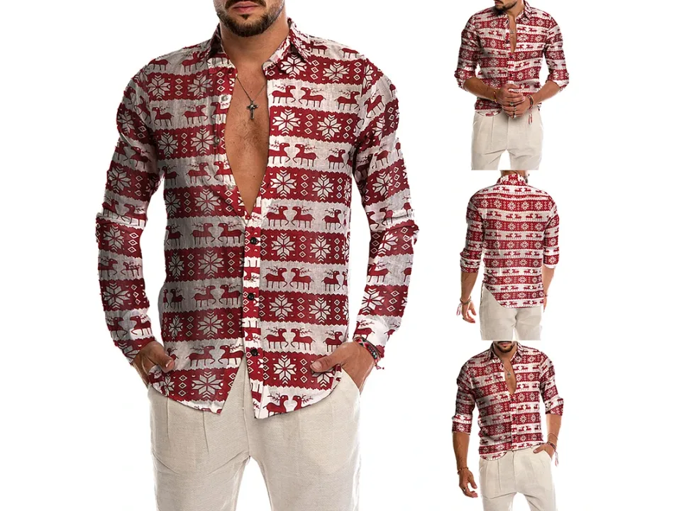 A collage showing the front, back, and side views of a man wearing a red and white reindeer print shirt.