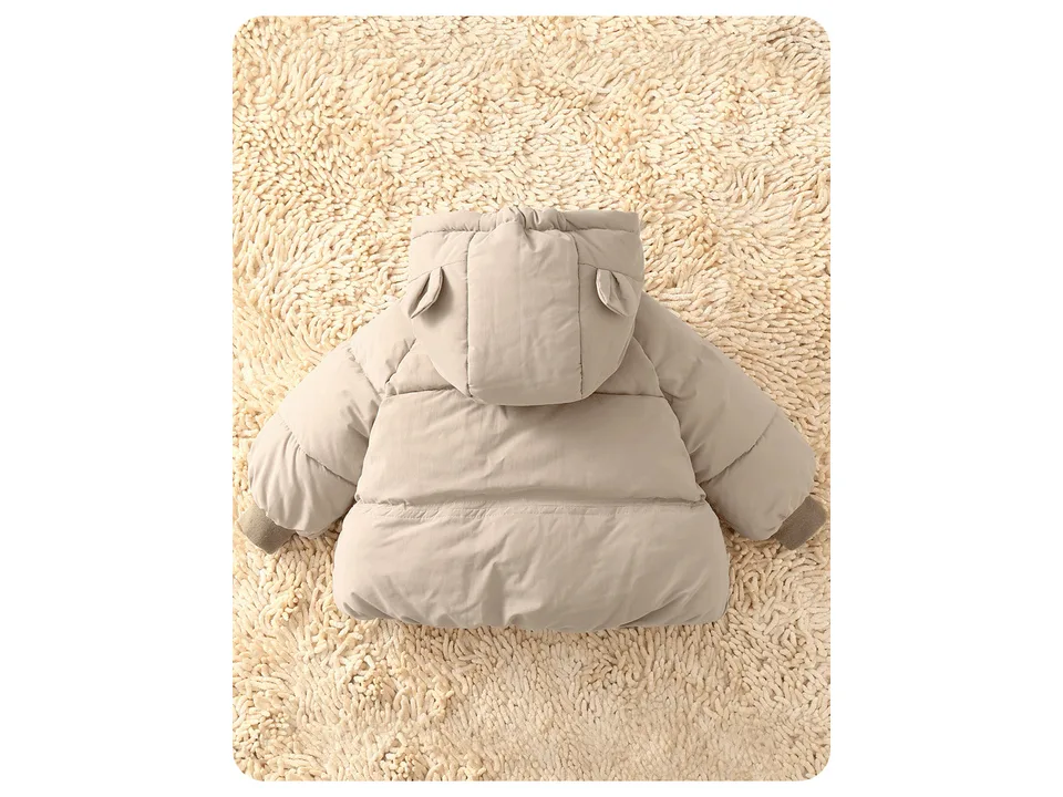 Back view of the beige puffer jacket with bear ears on the hood.
