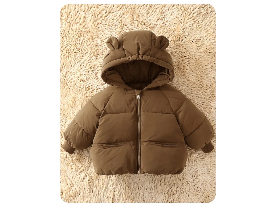 Full front view of the brown puffer jacket with bear ears on the hood.