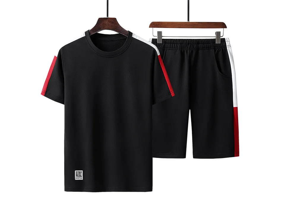 Black t-shirt and black shorts set with red and white side stripes.