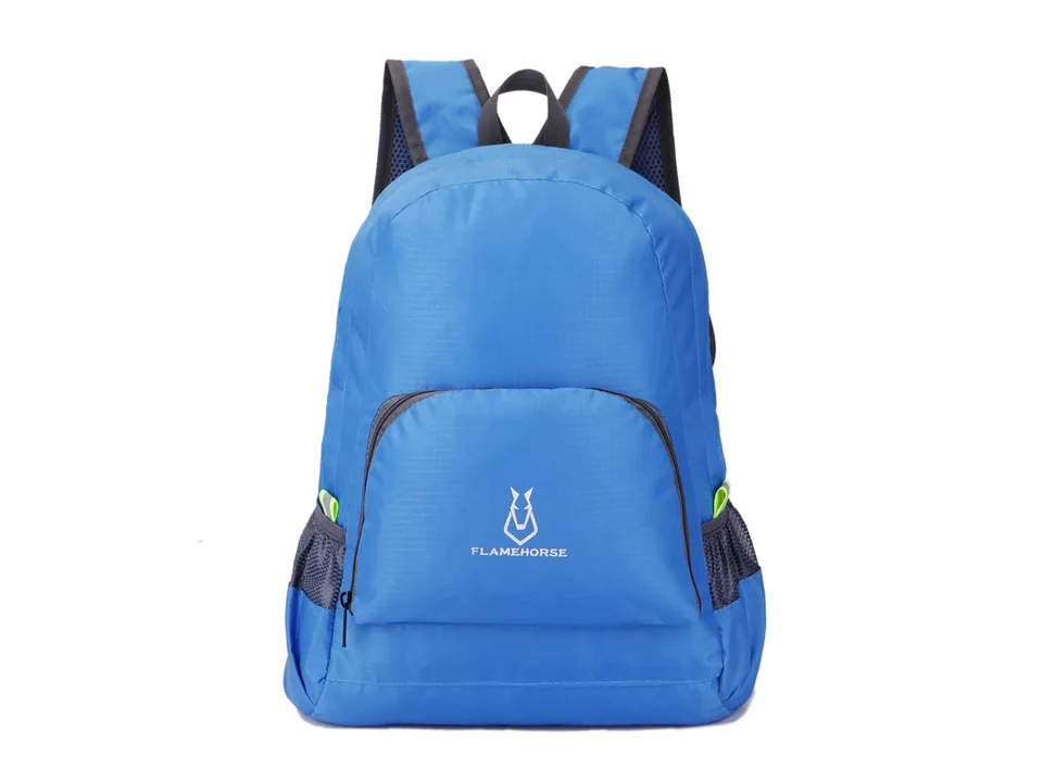 Blue outdoor backpack, front view