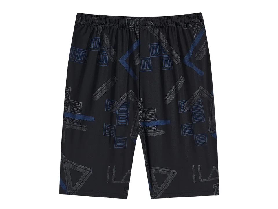 Black athletic shorts with a blue and grey geometric pattern.