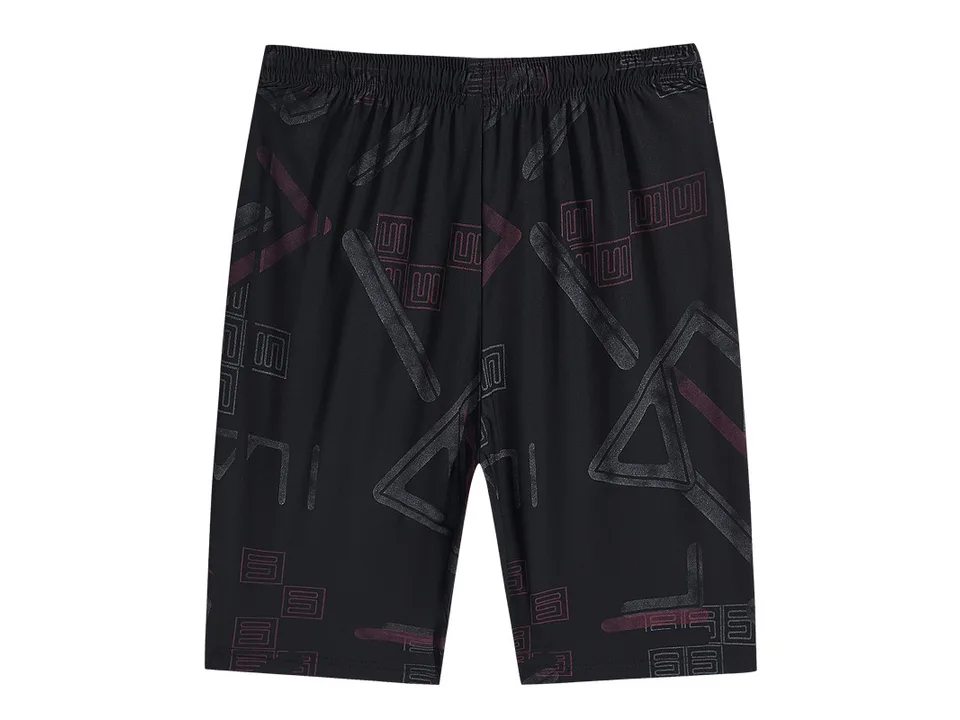 Black athletic shorts with a geometric pattern.