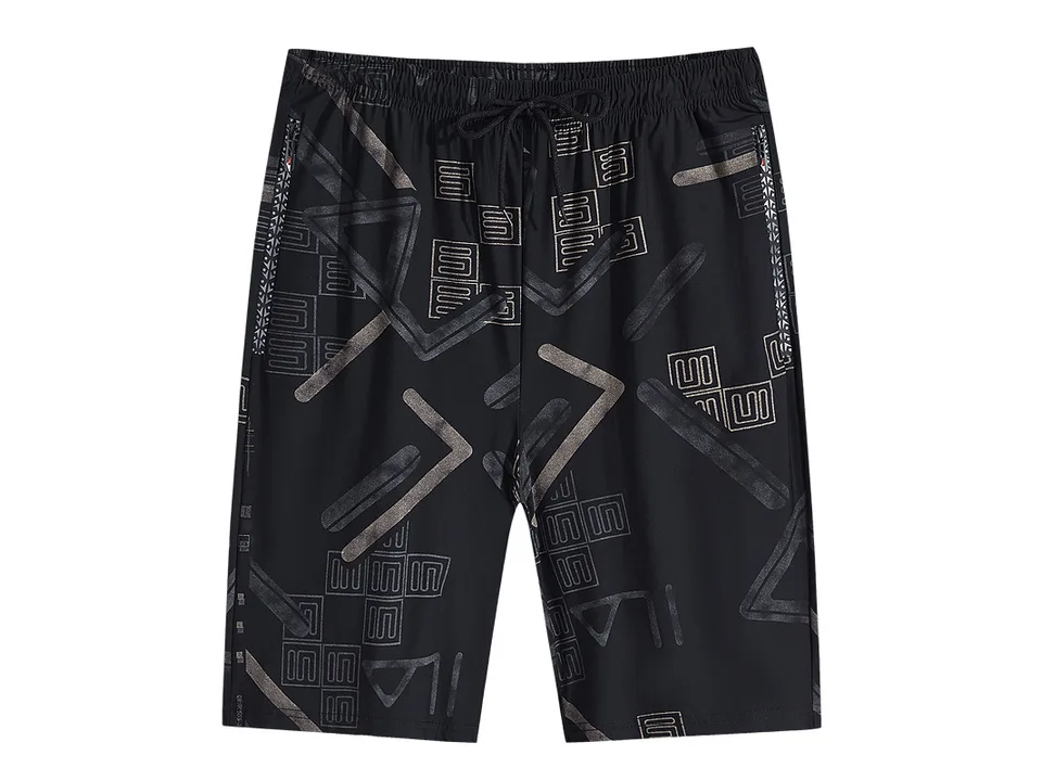 Black athletic shorts with a geometric pattern and a drawstring waistband.