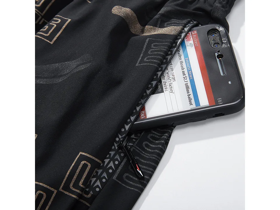 Close-up of a zippered pocket on the shorts containing a smartphone.