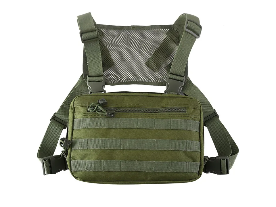 Green tactical chest bag, front view showing straps and buckles.