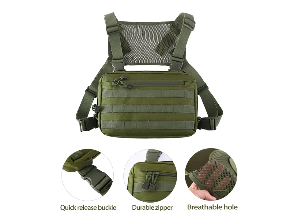 Close-up details of the chest bag showing the quick release buckle, zipper, and breathable mesh.