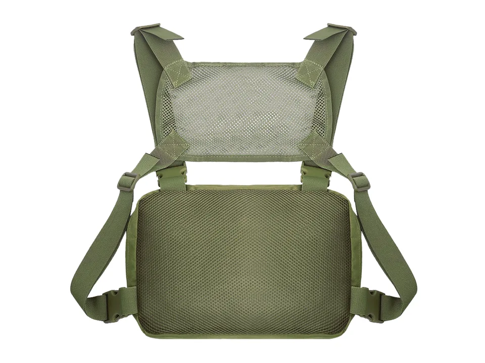Back view of the green tactical chest bag, highlighting the mesh back panel.