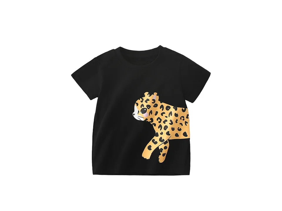 Black short-sleeve t-shirt with a cartoon leopard print on the front.