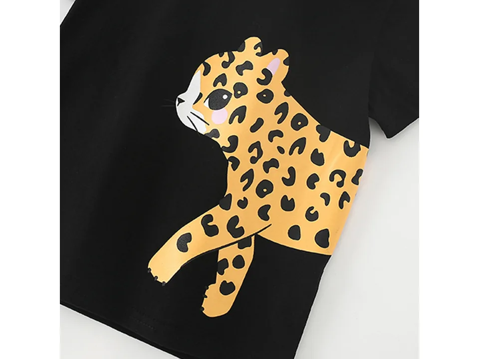 Close-up of the cartoon leopard graphic on the t-shirt.