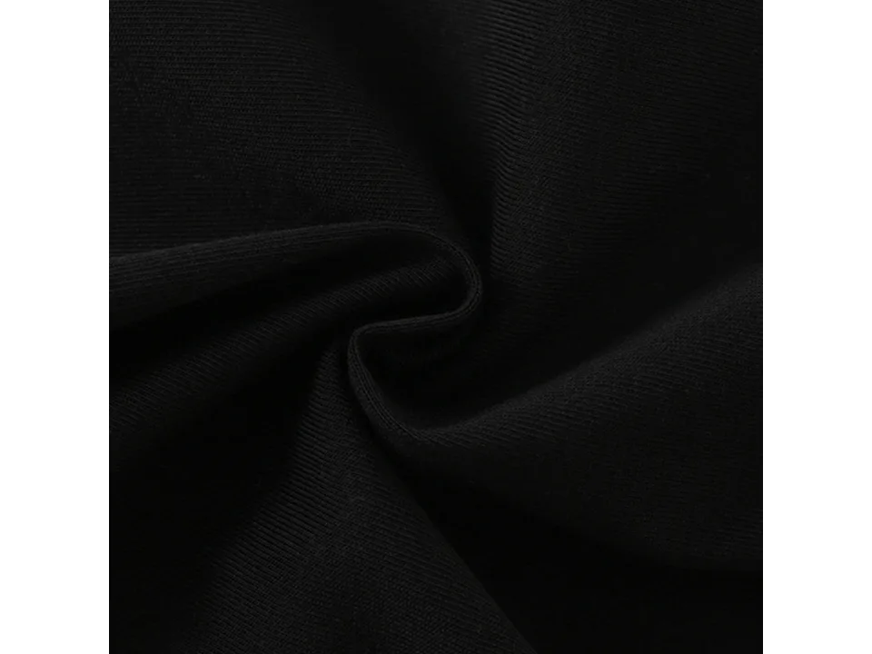 Close-up view of the black cotton fabric texture.
