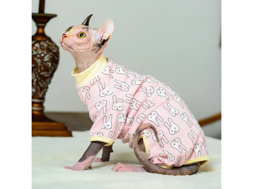A side view of a Sphynx cat wearing a pink t-shirt with a rabbit print.