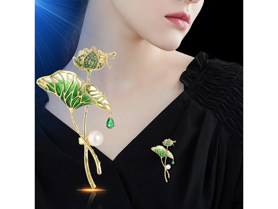 Model wearing the lotus flower brooch on a black top