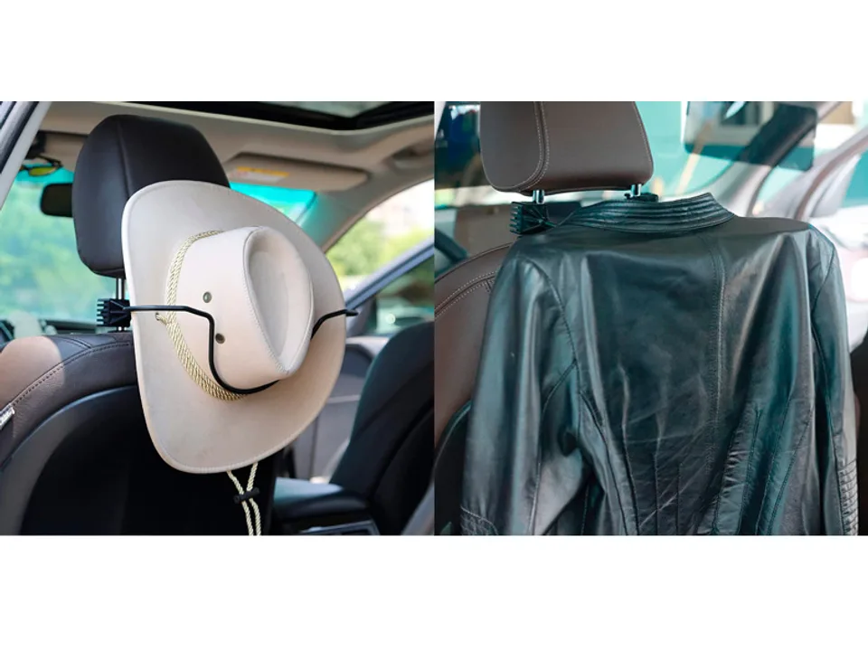 Car headrest hanger holding a hat and a leather jacket.