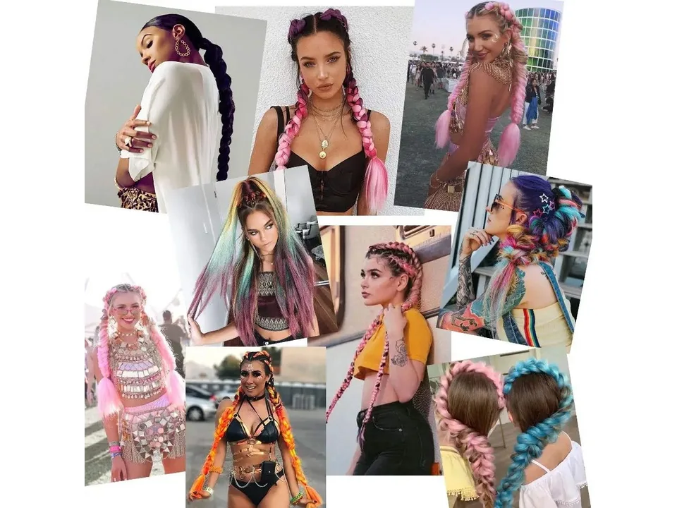 Collage of women wearing various colorful synthetic hair braid extensions.