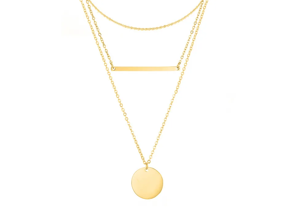Gold multi-layer necklace with bar and disc pendants on a white background.