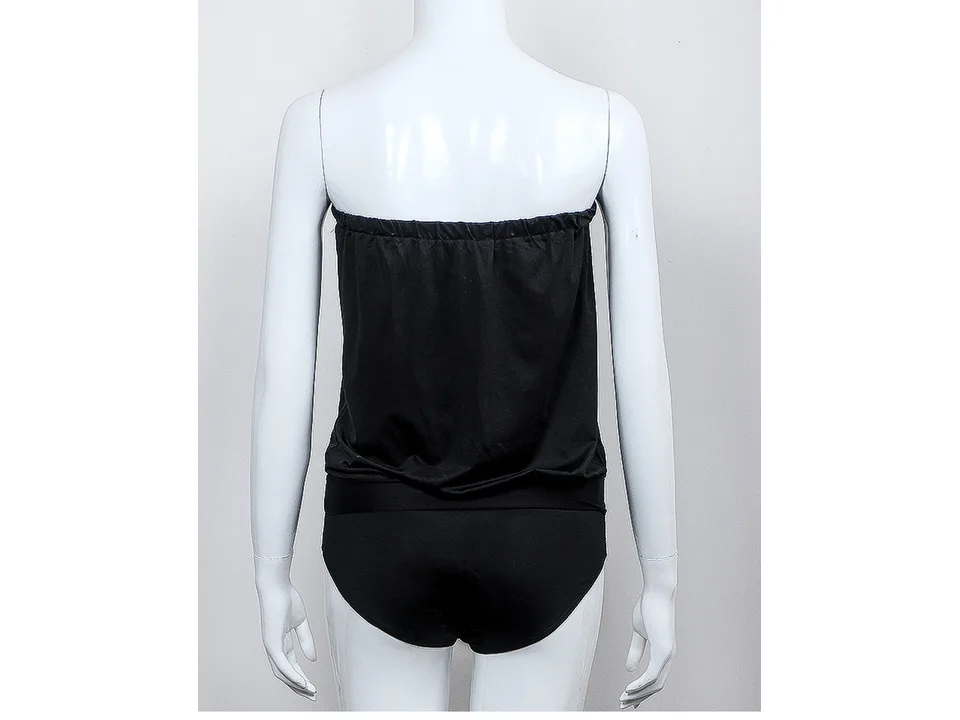 Back view of a black strapless one-piece swimsuit on a mannequin.