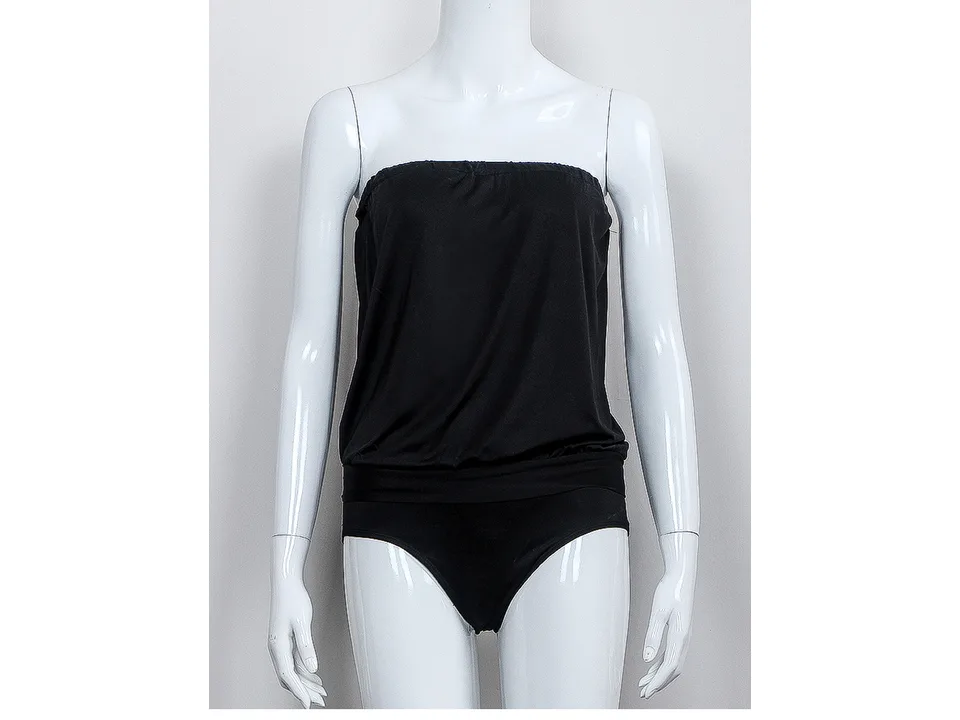Front view of a black strapless one-piece swimsuit on a mannequin.