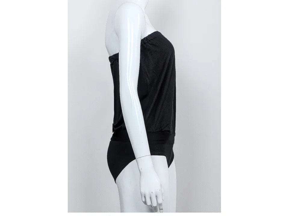 Side view of a black strapless one-piece swimsuit on a mannequin.