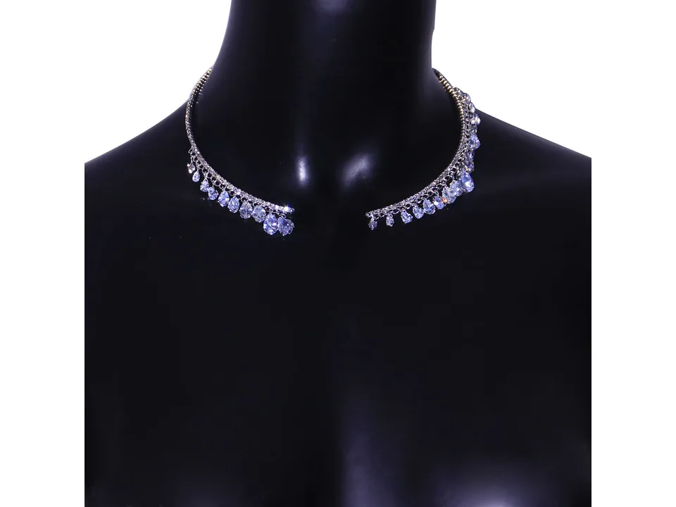 Silver crystal drop choker necklace displayed on a black mannequin neck.