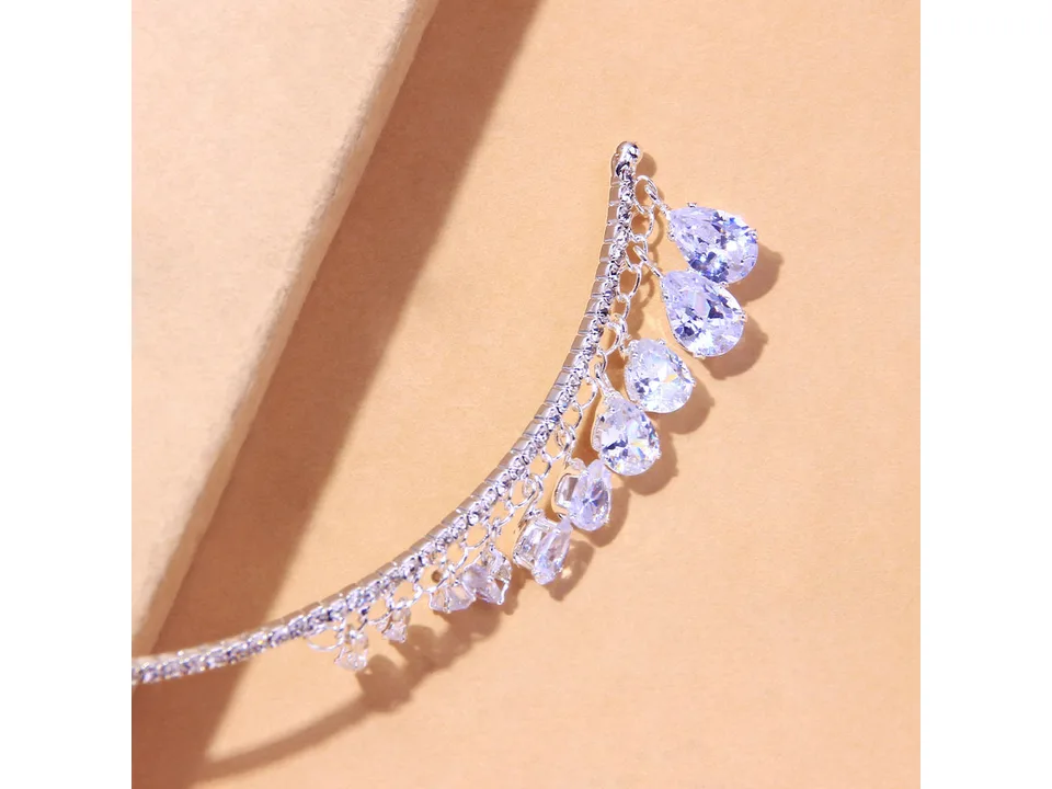 Close-up of the silver crystal drop choker necklace showing the teardrop crystals.