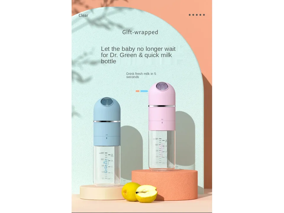 Two baby bottles with integrated powder dispensers in blue and pink.
