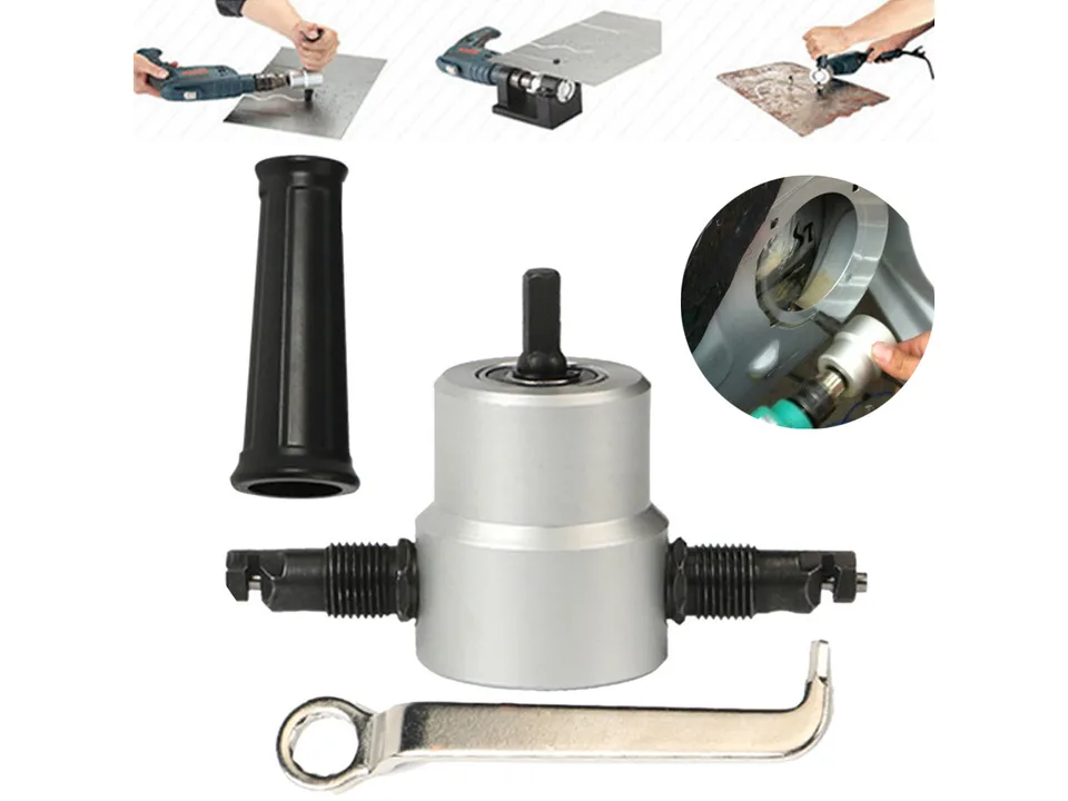 Metal sheet nibbler attachment with handle, wrench, and an inset showing it in use.