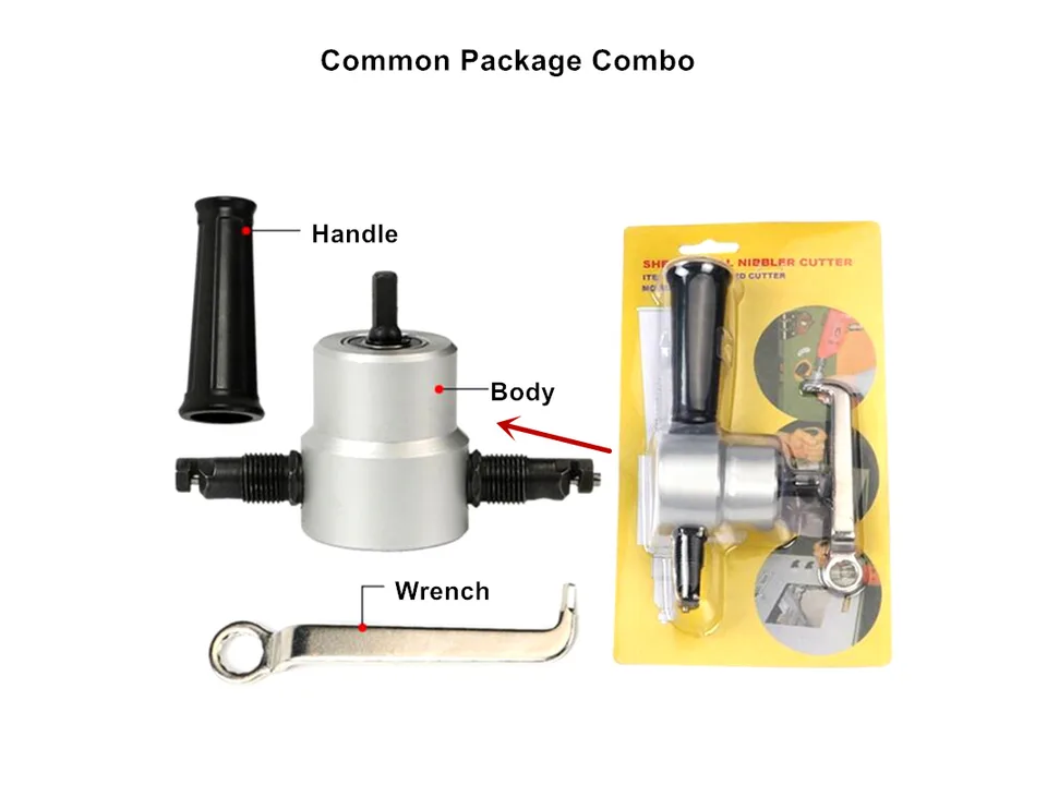 Metal sheet nibbler attachment parts labeled as handle, body, and wrench, next to the retail packaging.
