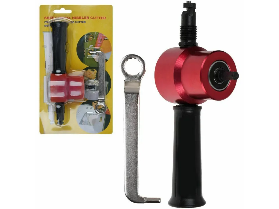 Assembled metal sheet nibbler attachment with wrench next to its retail packaging.