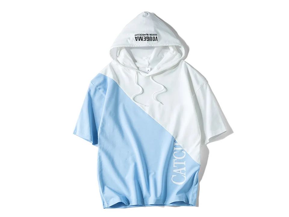 White and light blue color block short sleeve hoodie