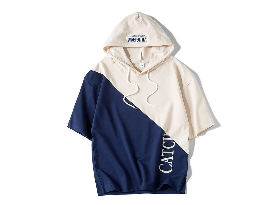 Beige and blue color block short sleeve hoodie