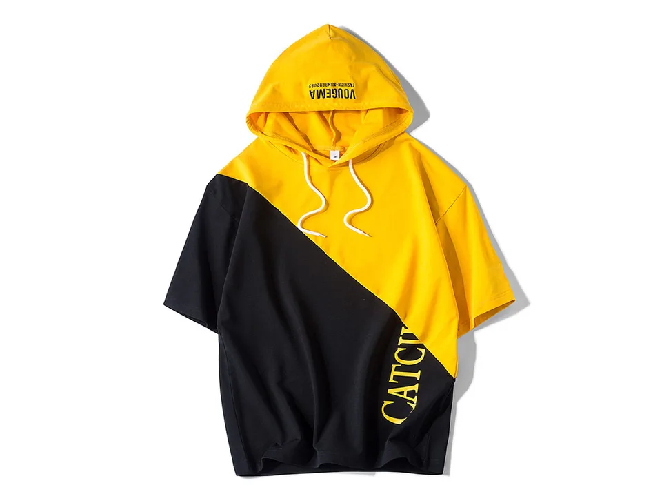 Yellow and black color block short sleeve hoodie