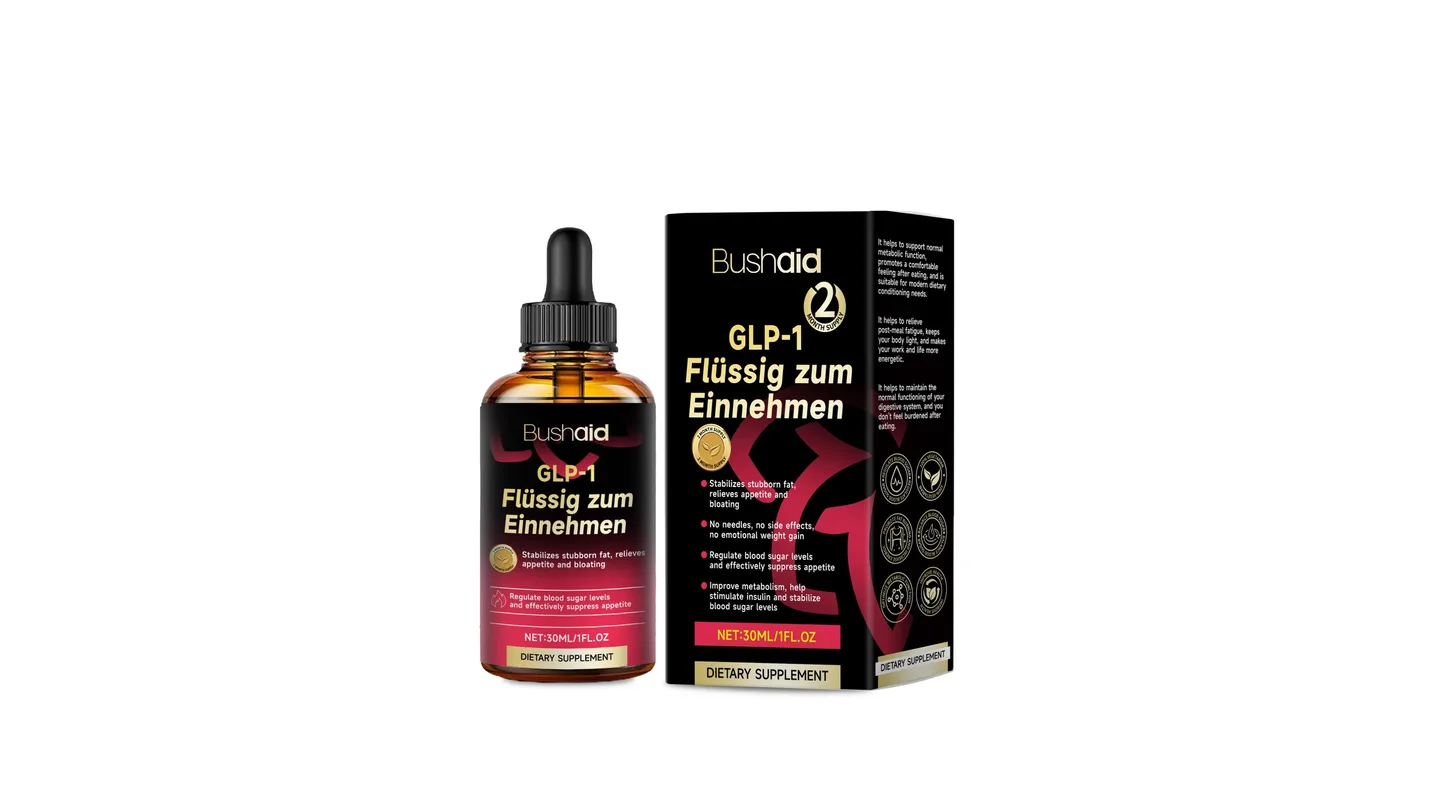 Bushaid GLP-1 liquid supplement bottle and its packaging box.