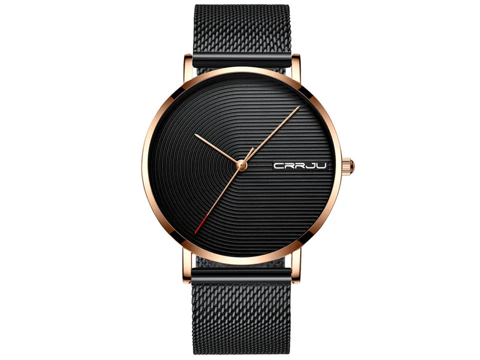 A black CRRJU wristwatch with a rose gold bezel and black mesh band.