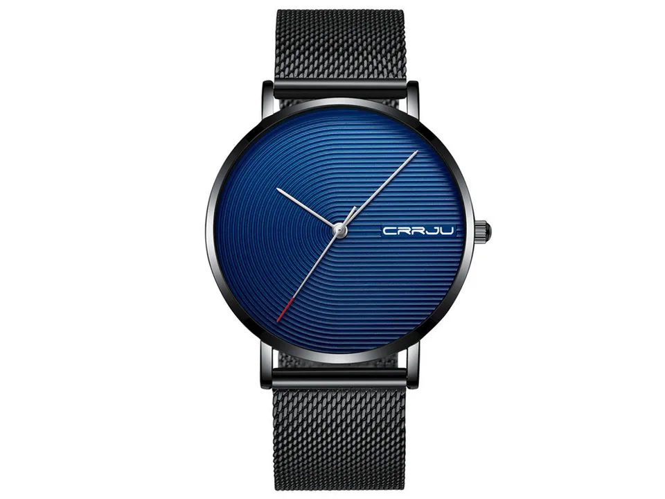 A blue CRRJU wristwatch with a black mesh band.