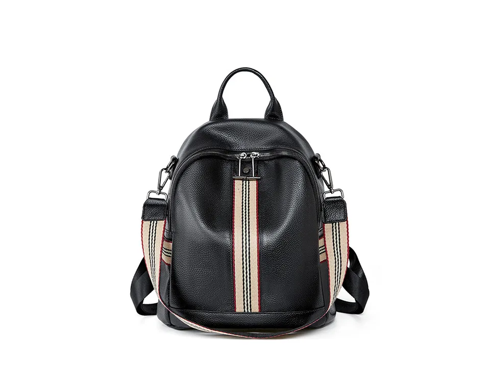 Front view of the black leather backpack with a striped center panel and shoulder straps.