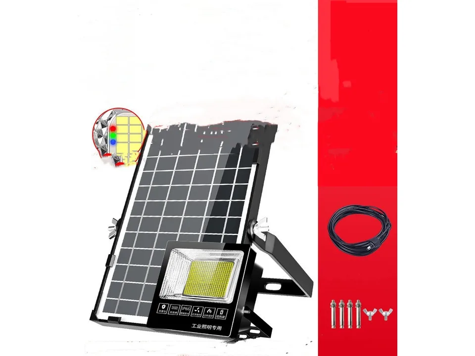 Solar floodlight with solar panel, connection cable, and mounting hardware.