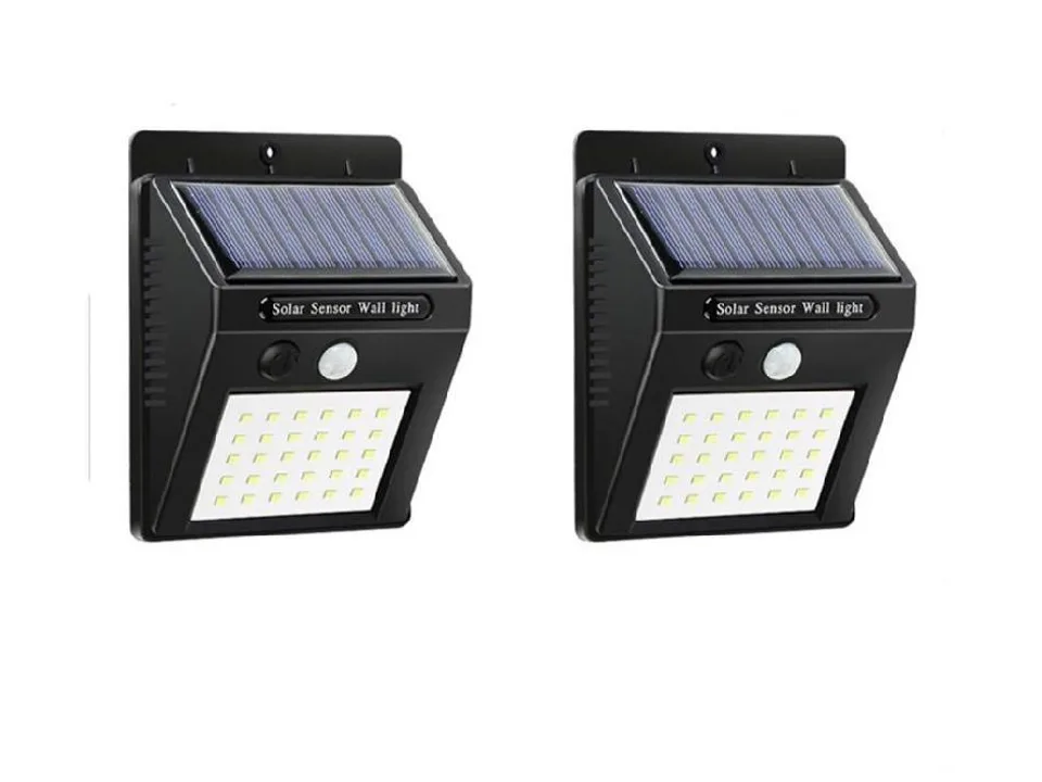 Two solar powered LED wall lights shown side by side.