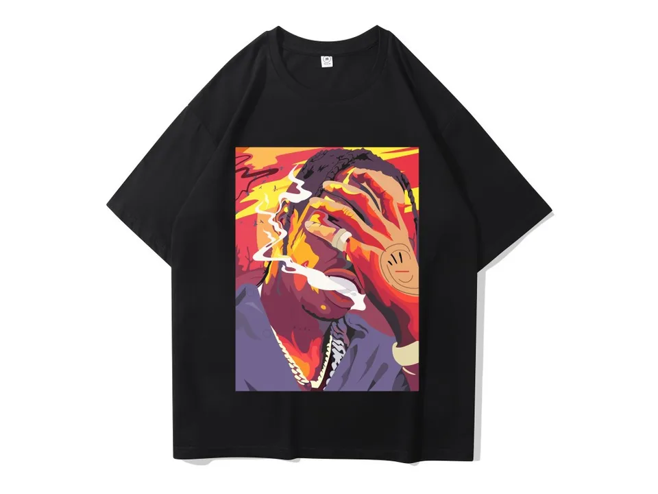 Black t-shirt with a colorful graphic print of a person smoking.