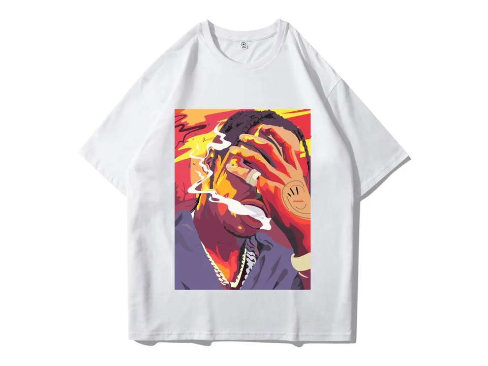 White t-shirt with a colorful graphic print of a person smoking.