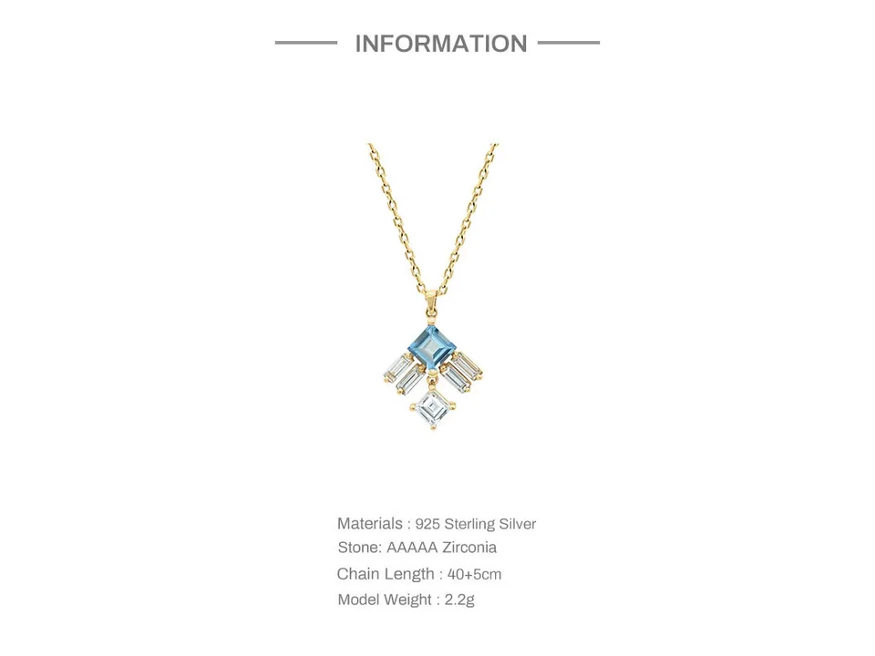 Gold pendant necklace with blue and clear cubic zirconia stones, with product specifications listed below.