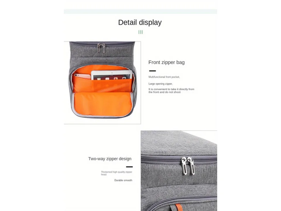 Close-up details of the backpack's front pocket and zipper design.
