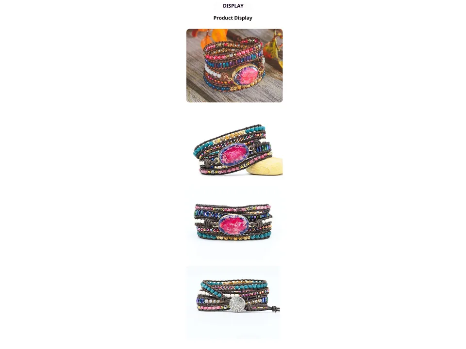 A bohemian multi-stone wrap bracelet worn on a person's wrist against a blurred floral background.