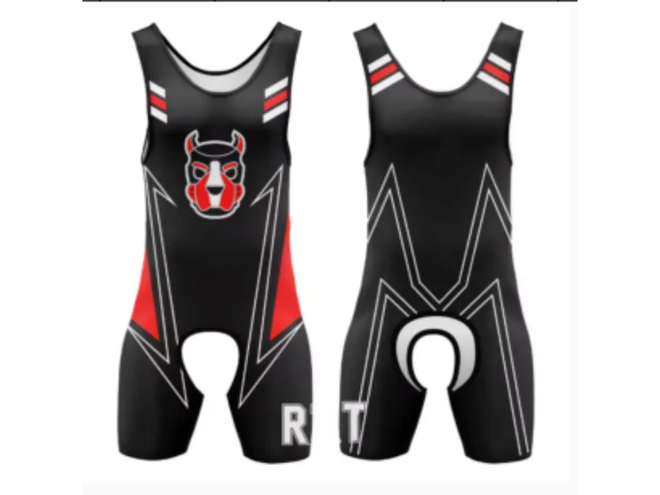 Red and black wrestling singlet with a dog head graphic on the front.