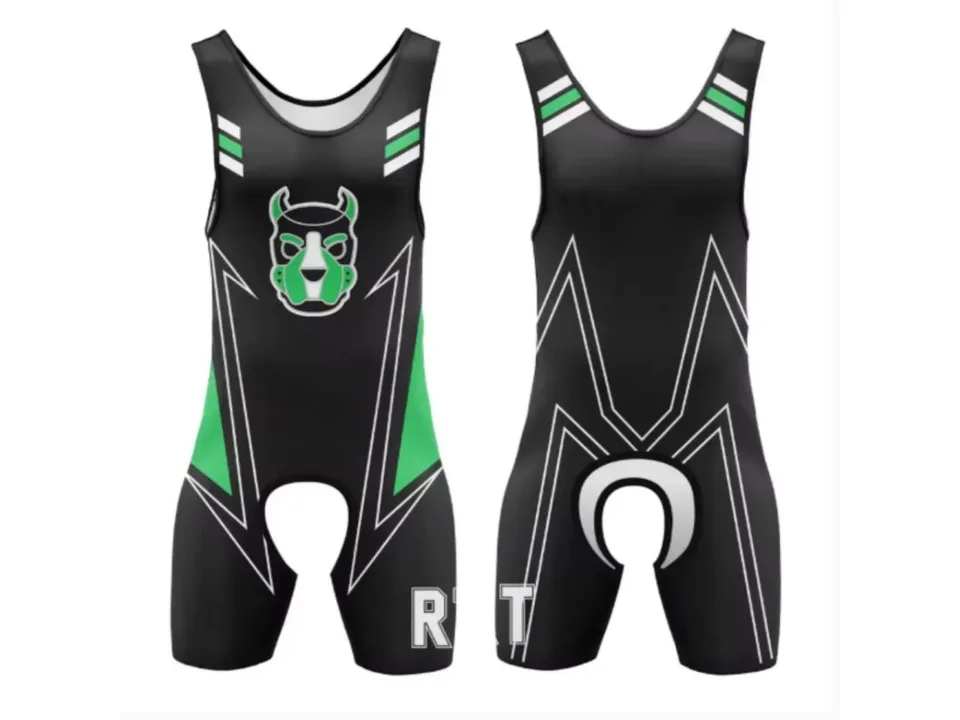 Green and black wrestling singlet with a dog head graphic on the front.